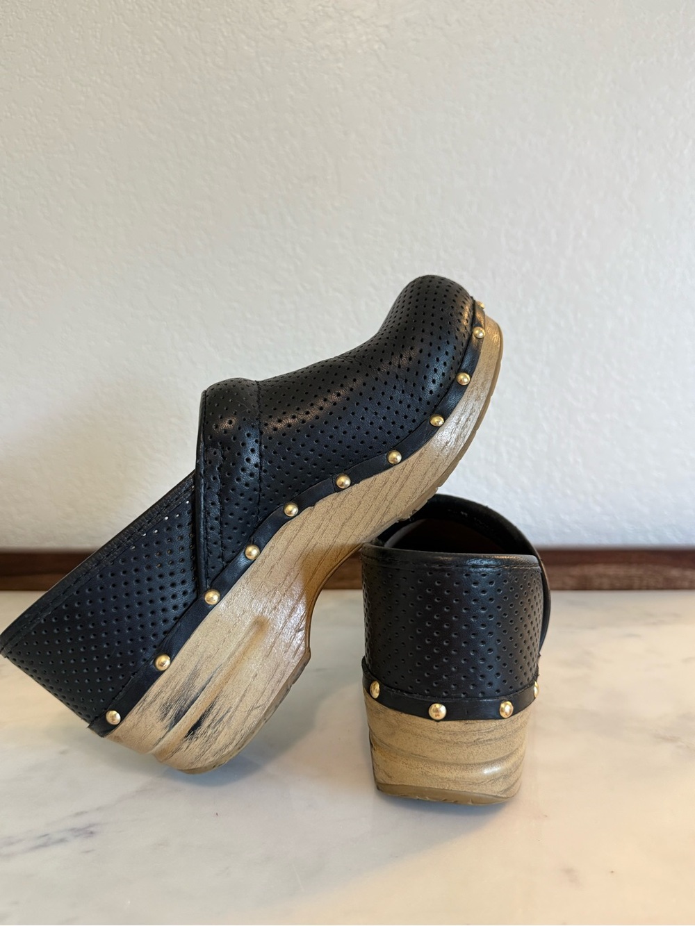 Dansko Black Perforated Leather Clogs with Gold Stud Accents - Picture 3 of 7